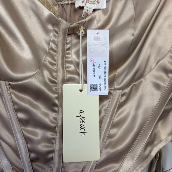 NWT A Peach Off Shoulder Gold Milkmaid Corset Crop Top Women's Size Large - Picture 3 of 8